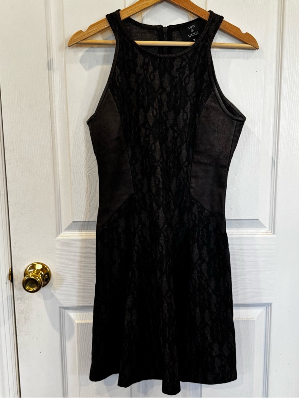 Sea New York Barney’s Lace Leather Panel Sheath Dress Black Sleeveless Size 2
